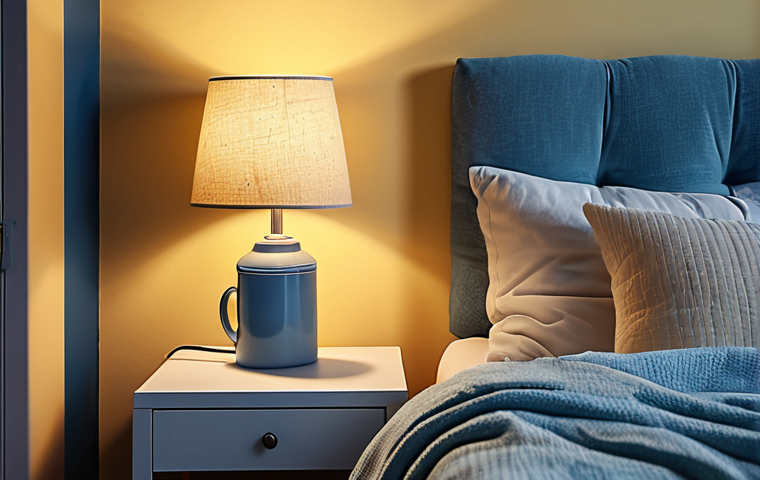 **
"A cozy bedroom interior at twilight. Soft, warm yellow light from a bedside lamp illuminates a ceramic mug with a textured surface. The room is painted in gentle blue tones, creating a serene and relaxing atmosphere. Focus on the interplay of light and shadow to convey a sense of peace and tranquility, perfect for sleep."
**