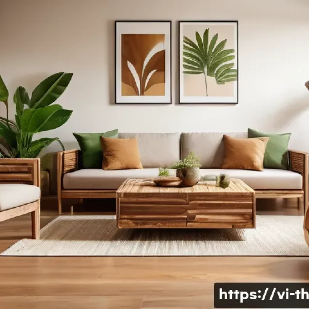 물성매력 디자인의 트렌드 변화 - A modern eco-friendly living room interior featuring recycled wood furniture with natural grain text...