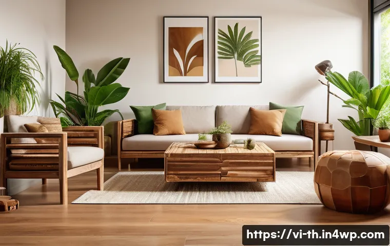 물성매력 디자인의 트렌드 변화 - A modern eco-friendly living room interior featuring recycled wood furniture with natural grain text...
