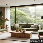 물성매력 디자인을 위한 색채 이론 - A modern interior design scene showcasing a variety of sustainable natural-colored materials such as...
