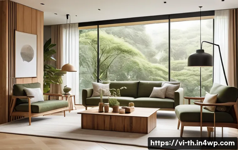 물성매력 디자인을 위한 색채 이론 - A modern interior design scene showcasing a variety of sustainable natural-colored materials such as...