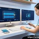 물성매력 디자인의 성과 측정 방법 - A modern Vietnamese product design lab scene showcasing diverse users interacting with advanced sens...