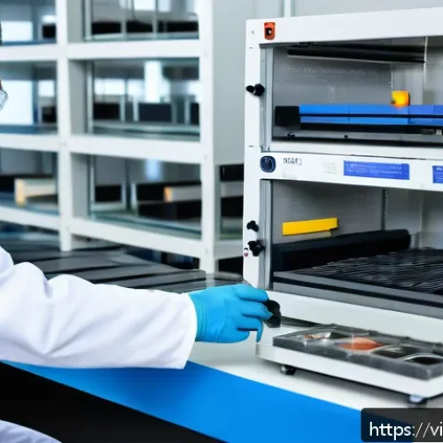 물성매력 디자인의 아이디어 검증 과정 - A detailed laboratory scene showing a Vietnamese materials engineer performing mechanical testing on...