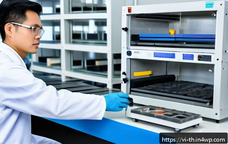 물성매력 디자인의 아이디어 검증 과정 - A detailed laboratory scene showing a Vietnamese materials engineer performing mechanical testing on...
